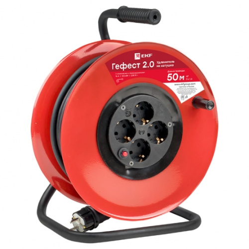 Удлинитель на катушке "Гефест 2.0" 4 гнезда 50м с заземлением и предохранителем КГхл 3*1,5 16А/3,5кВ