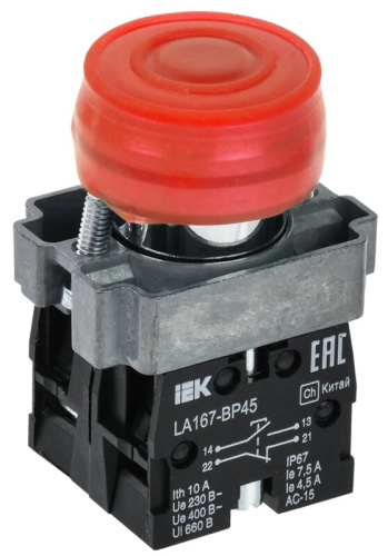 Кнопка управления LA167-BP45 d=22мм 1NO+1NC красная IEK
