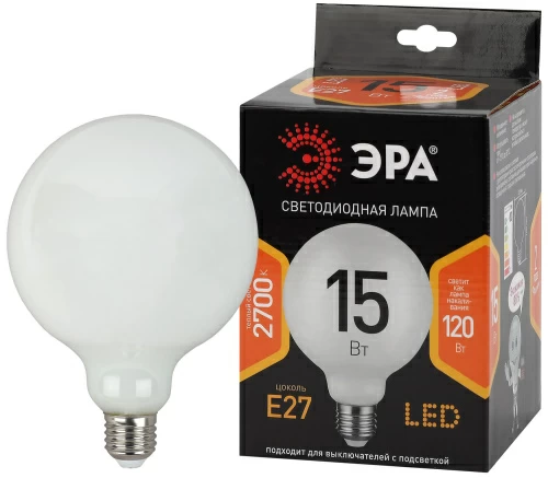 Лампа светодиодная F-LED G125-15w-827-E27 OPAL ЭРА (филамент, шар опал, 15Вт, тепл, E27)