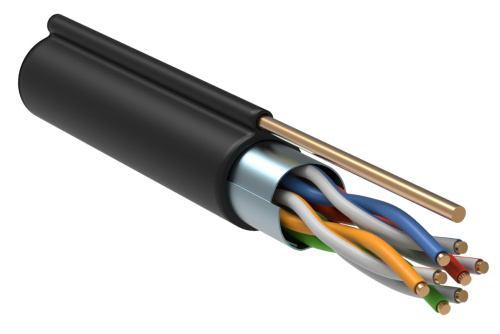 Витая пара F/UTP кат.5E 4х2х24AWG solid LDPE с металлическим тросом 1,2мм черный (305м) ITK