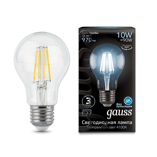 Лампа Gauss LED Filament A60 E27 10W 4100К 1/10/40