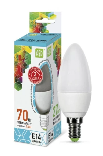 Лампа светодиодная LED-СВЕЧА-standard 7.5Вт 230В Е14 4000К 675Лм ASD  ASD