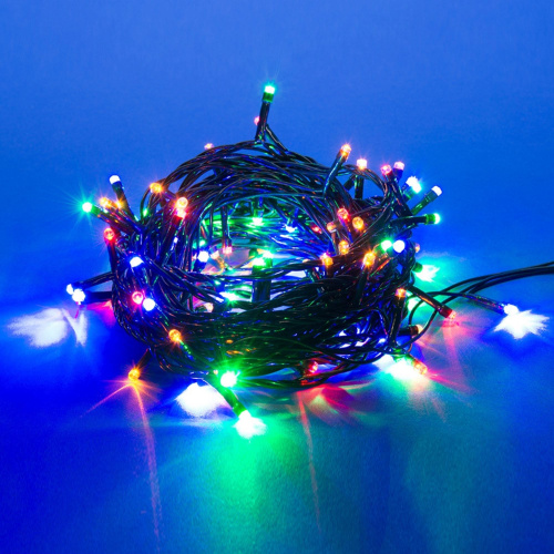 Гирлянда светодиодная с контроллером, 100 светодиодов, 8 м, разноцветная, IP20, провод зеленый