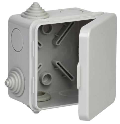 Коробка распаячная КМ41238 для откр пров безгалогенная (HF) 80х80х50мм с отк крыш IP54 7 гермо серая