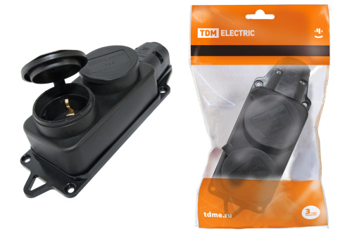 Розетка двухместная с заглушками каучук, 2Р+РЕ, 16А, 250В, IP44, черная TDM