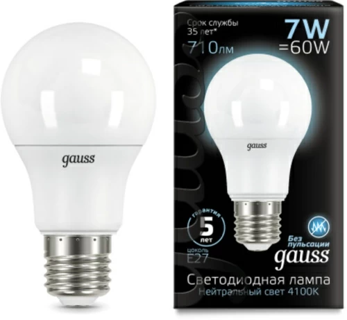 Лампа Gauss LED A60 E27 7W 4100K 1/10/40