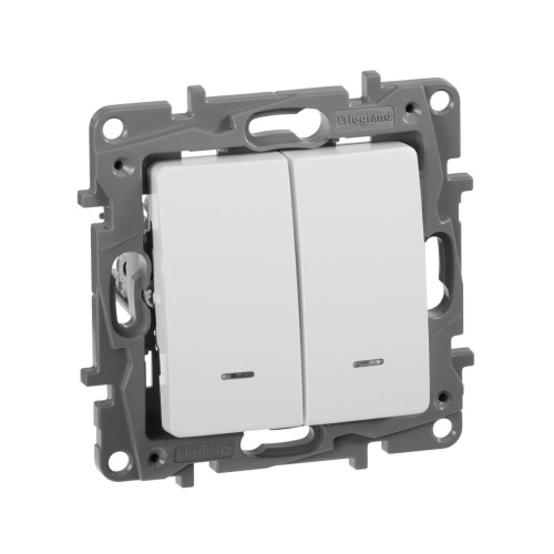 Выключатель 2-клавишный с подсветкой/индикацией схема 5L 10АХ безвинтовые зажимы белый ETIKA