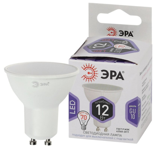 Лампа светодиодная СТАНДАРТ LED MR16-12W-860-GU10  ЭРА (диод, софит, 12Вт, холод, GU10)