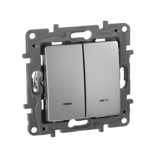 Выключатель 2-клавишный с подсветкой/индикацией схема 5L 10АХ безвинтовые зажимы алюминий ETIKA