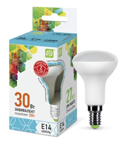 Лампа светодиодная LED-R50-standard 3Вт 230В Е14 4000К 270Лм  ASD