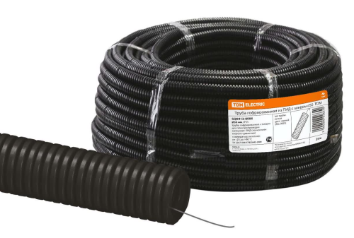 Труба гофрированная ПНД безгалогенная (HF) d 50 с зондом (25 м) легкая 350H черная TDM