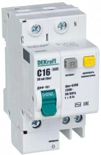 Выключатель автоматический дифференциального тока 2п (1P+N)C 16А 30мА тип AC ДИФ-101 DEKraft