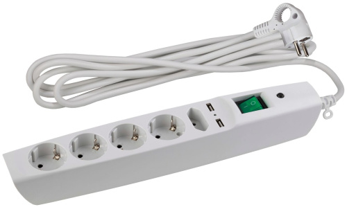 Сетевой фильтр ЭРА  SFU-5es-2m-W с надежной защитой с заземлением с выключателем 5 розеток 2xUSB 2м 