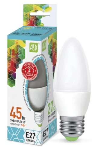 Лампа светодиодная LED-СВЕЧА-standard 5Вт 230В Е27 4000К 450Лм ASD  ASD