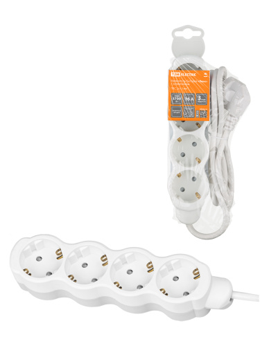 Удлинитель бытовой "Люкс" 4 гнезда, 10 м, с/з, с з/ш, ПВС 3х1,5 мм2, 16 А, 250 В, 3700 Вт TDM У1-431