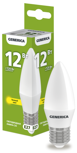 Лампа светодиодная C35 свеча 12Вт 230В 3000К E27 GENERICA