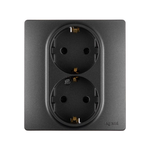 Розетка 2-местная с заземлением с защитными шторками безвинтовое крепление 16А в сб антрацит ETIKA