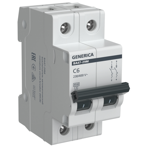 Автоматический выключатель ВА47-29М 2P 6А 4,5кА C GENERICA