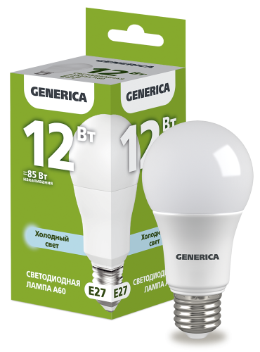 Лампа светодиодная A60 груша 12Вт 230В 6500К E27 GENERICA