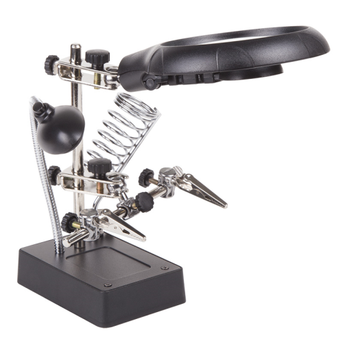 Держатель Третья рука, 2 зажима, лупа 90мм (2.5х) + 2х34мм, подставка паяльника, LED подсветка REXAN