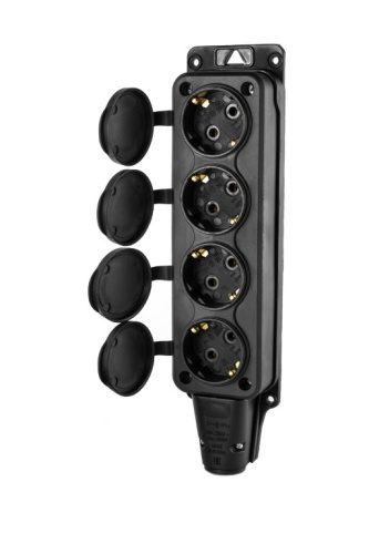 Розетка (колодка) четырехместная с крышками каучук 2P+PE 230V 16A IP54 черная (DYNEL)