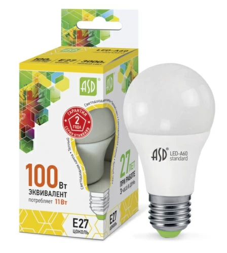 Лампа светодиодная LED-A60-standard 11Вт 230В Е27 3000К 990Лм  ASD