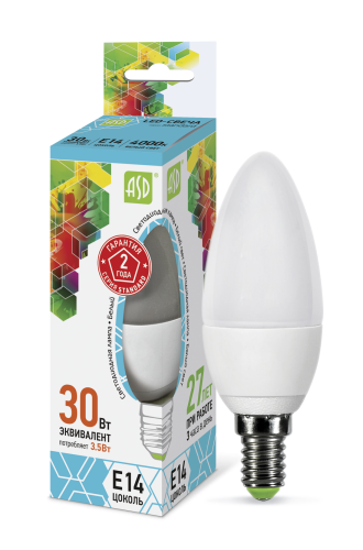 Лампа светодиодная LED-СВЕЧА-standard 3.5Вт 230В Е14 4000К 320Лм  ASD