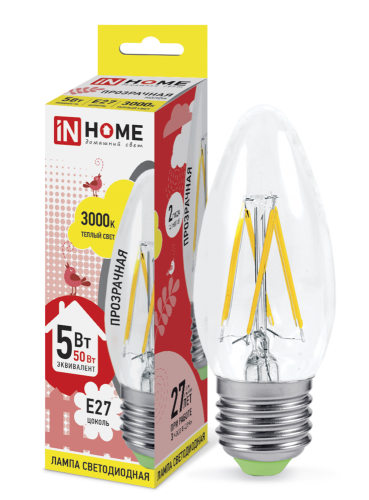 Лампа светодиодная LED-СВЕЧА-deco 5Вт 230В  Е27 3000К 450Лм прозрачная IN HOME