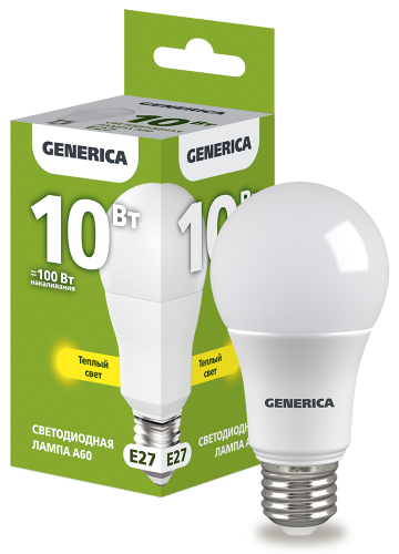 Лампа светодиодная A60 груша 10Вт 230В 3000К E27 GENERICA