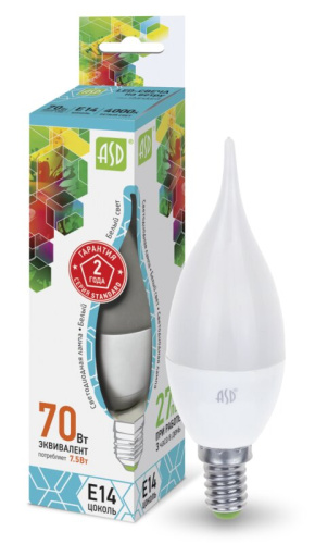 Лампа светодиодная LED-СВЕЧА НА ВЕТРУ-standard 7.5Вт 230В Е14 4000К 675Лм ASD