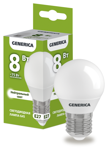 Лампа светодиодная G45 шар 8Вт 230В 4000К E27 GENERICA