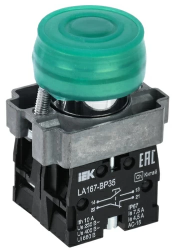 Кнопка управления LA167-BP35 d=22мм 1з+1р зеленая IEK
