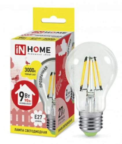 Лампа светодиодная LED-A60-deco 9Вт 230В  Е27 3000К 810Лм прозрачная IN HOME