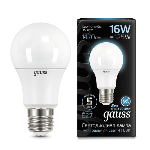Лампа Gauss LED A60 16W E27 4100K 1/10/50