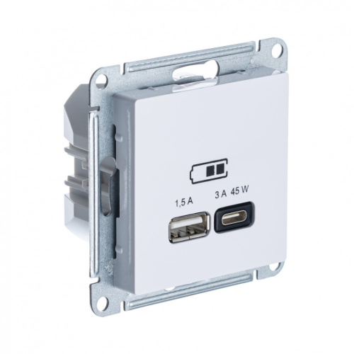 Розетка USB A + тип-C 45Вт высокоскор.заряд. QC, PD, механизм, БЕЛЫЙ ATLASDESIGN