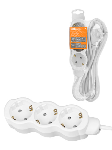 Удлинитель бытовой "Люкс" 3 гнезда, 2 м, с/з, с з/ш, ПВС 3х1 мм2, 16 А, 250 В, 3500 Вт TDM У1-33052