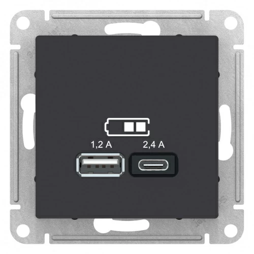 Розетка USB A+С, 5В/2,4 А, 2х5В/1,2 А, механизм,Карбон