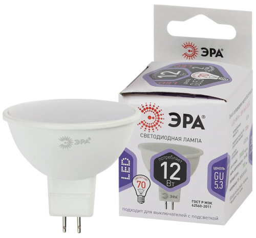 Лампа светодиодная СТАНДАРТ LED MR16-12W-860-GU5.3  ЭРА (диод, софит, 12Вт, холод, GU5.3)