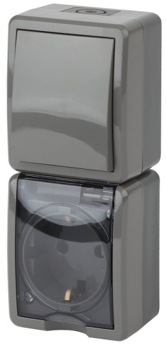 Блок розетка с выключателем ЭРА Эксперт 11-7407-03 IP54 16A-10AX-250В ОУ серый