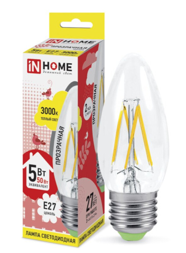 Лампа светодиодная LED-СВЕЧА-deco 5Вт 230В  Е27 3000К 450Лм прозрачная IN HOME