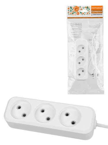 Удлинитель 3 гнезда, 5 метров, б/з, 6 А, 1380 Вт, белый, НАРОДНЫЙ У-31011 (Ун 310-0001)