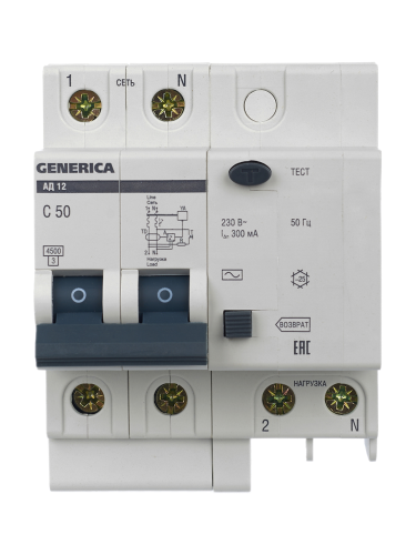Дифференциальный автоматический выключатель АД12 2Р 50А 300мА GENERICA