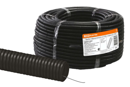 Труба гофрированная ПНД безгалогенная (HF) d 16 с зондом (100 м) легкая 350H черная TDM