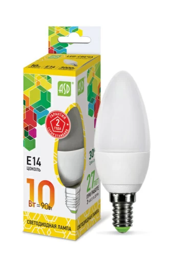 Лампа светодиодная LED-СВЕЧА-standard 10Вт 230В Е14 3000К 900Лм  ASD