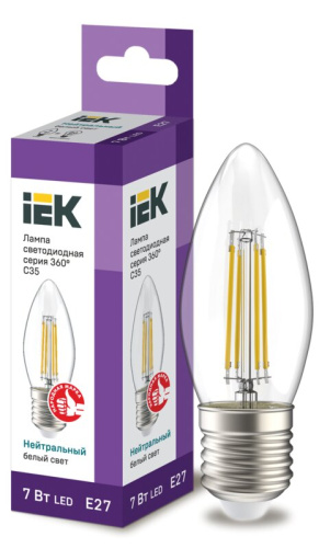 Лампа светодиодная C35 свеча прозрачная 7Вт 230В 4000К E27 серия 360° IEK