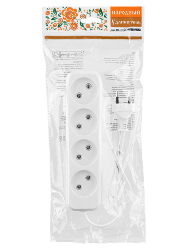 Удлинитель 4 гнезда, 3 метра, б/з, 6 А, 1380 Вт, белый, НАРОДНЫЙ У-31011 (Ун 410-0001)